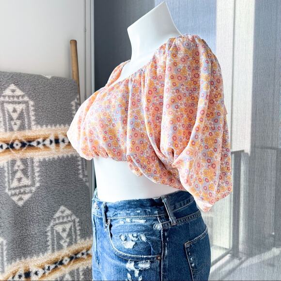 ZARA Printed Satin Effect Puff-Sleeve Off-The-Shoulder Crop Top Women’s Medium - Picture 4 of 10